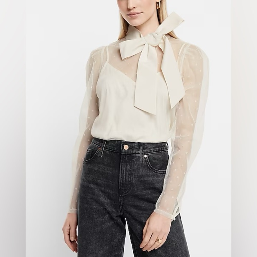 Express Tulle Polka Dot Tie Mock Neck Puff Sleeve Top